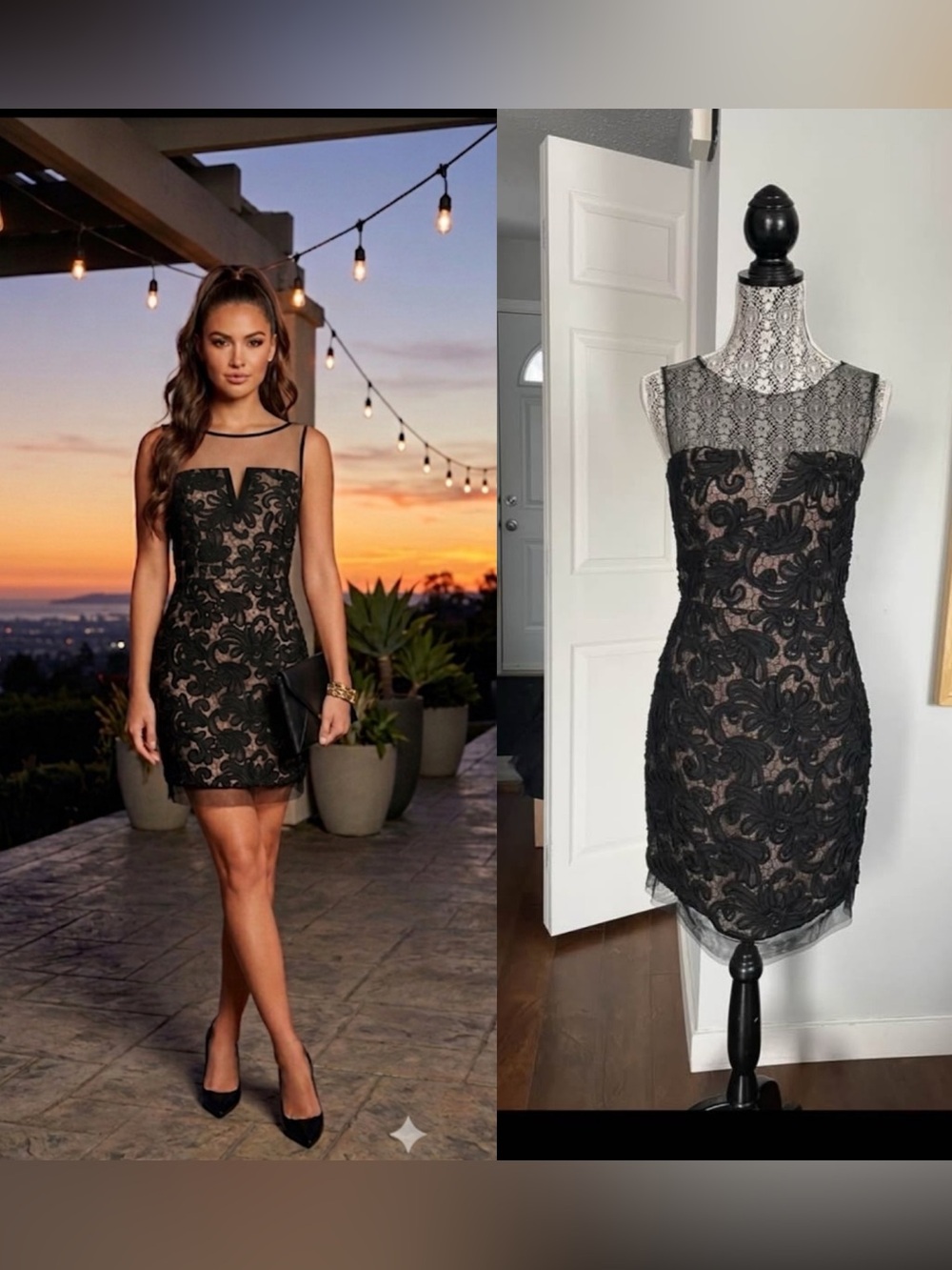 BCBGMaxazria Embroidered Nude Effect Lace Over Nude Lining Cocktail Dress Sz 12